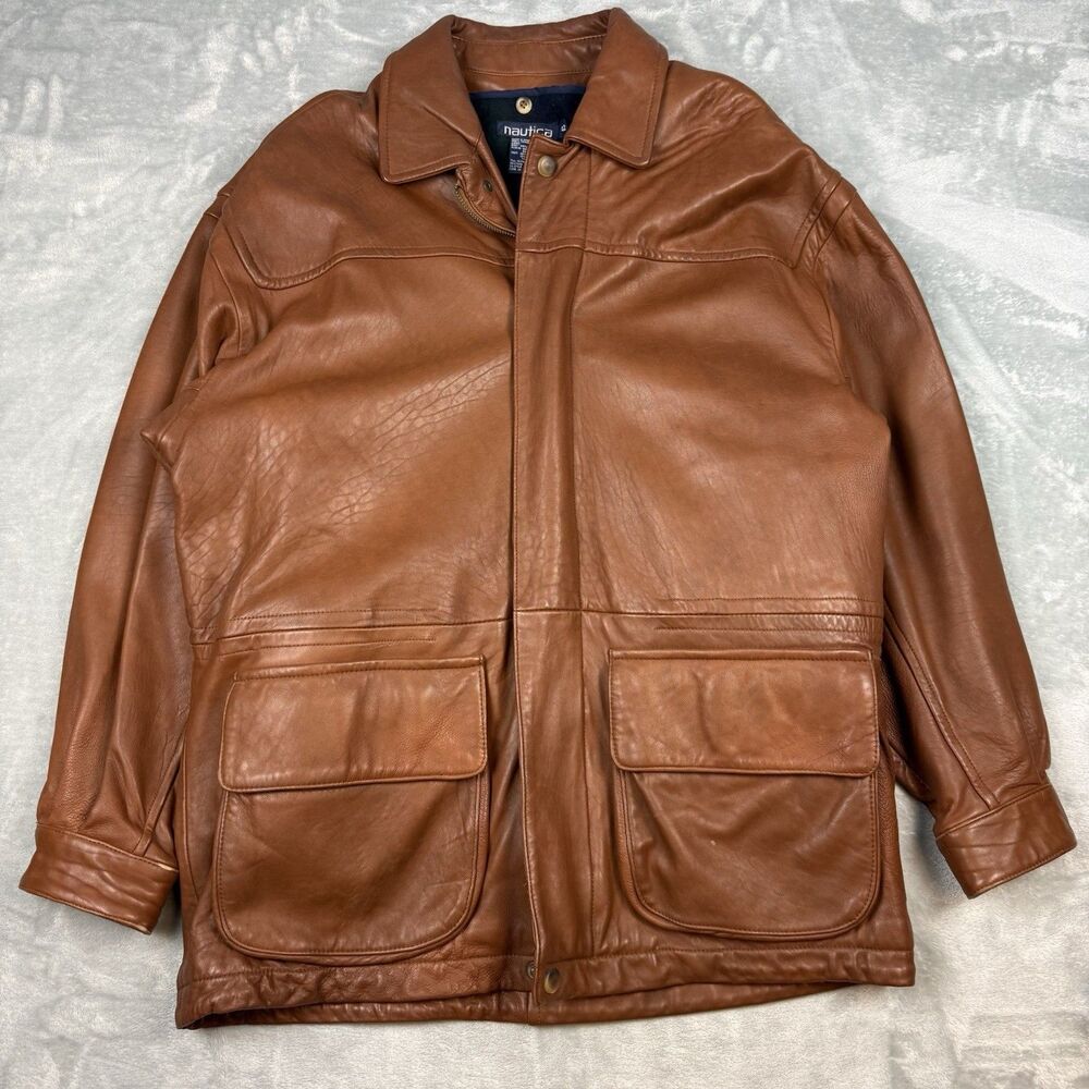 Vintage Nautica Heavy Genuine Leather Jacket Brown Plaid Wool Lined Men’s 42